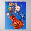 Red and Blue Frog N Flowers Poster posters