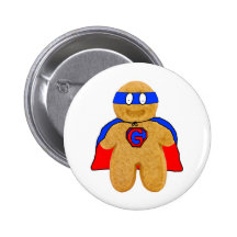 red and blue gingerbread man super hero badge pin