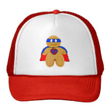 red and blue gingerbread man super hero hat