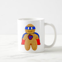 red and blue gingerbread man super hero mug