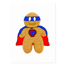 red and blue gingerbread man super hero postcard
