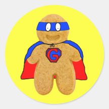 red and blue gingerbread man super hero sticker