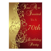 Red and Gold Swirl 70th Birthday Party Invitation