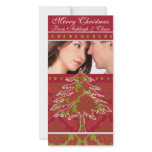 Red and Green Damask Pine Holiday Family Pictures Photo Cards