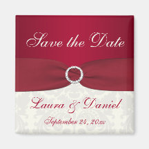 Red and Ivory Damask Save the Date Magnet