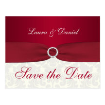Red and Ivory Damask Save the Date Postcard