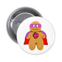 red and pink gingerbread man super hero badge