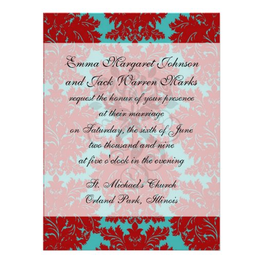 red and teal aqua bold intricate damask personalized invitation