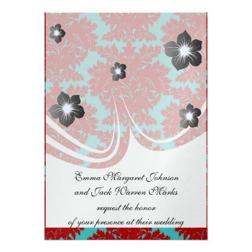 red and teal aqua bold intricate damask invite