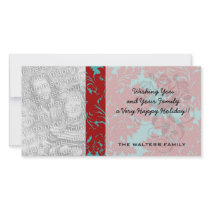 red and teal aqua bold intricate damask personalized photo card