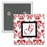 RED AND WHITE DAMASK MONOGRAM BUTTON