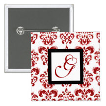 RED AND WHITE DAMASK MONOGRAM BUTTON