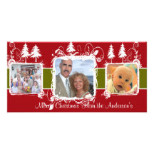 Red and White Swirly Frame Holiday Family Photo Photo Greeting Card