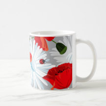 red and white wild flowers with ladybugs mug