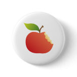 Red apple with bite and green leaf button