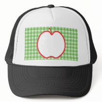 Red Apple. With Green and White Check Background. Mesh Hats