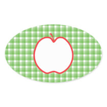 Red Apple. With Green and White Check Background. Oval Sticker