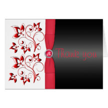 Red, Black and White Floral Thank You Card