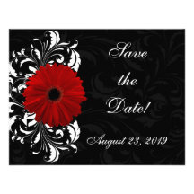 Red, Black and White Scroll Gerbera Daisy Personalized Invitations