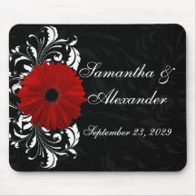 Red, Black and White Scroll Gerbera Daisy Mouse Pad
