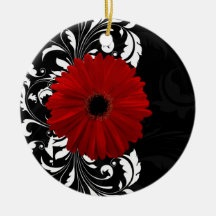   Black Dress on Red Black And White Scroll Gerbera Daisy Wedding Invitation   Wedding