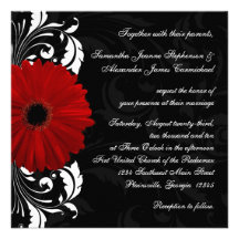 Red, Black and White Scroll Gerbera Daisy Square Invitation
