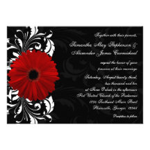 Red, Black and White Scroll Gerbera Daisy Wedding Custom Invitation