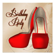 Red Black Damask High Heel Shoes Birthday Party Personalised Invitation