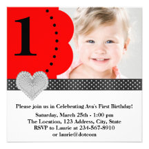 Red Black Girls Photo 1st Birthday Party Personalised Announcement