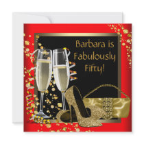 Red Black Gold Champagne 50th Birthday Party Personalized Invitation