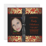 Red Black Gold Damask Photo Sweet 16 Party invitations