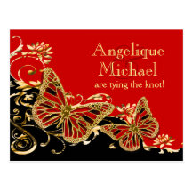 Red black gold wedding "save the date" postcards