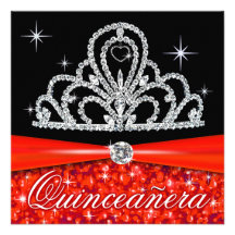 Red Black Quinceanera Princess Tiara Bling Custom Invite