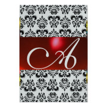 RED BLACK WHITE DAMASK GEM MONOGRAM rsvp silver Personalised Invite