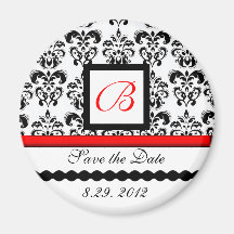 RED BLACK WHITE DAMASK MONOGRAM,Save The Date Refrigerator Magnets
