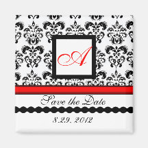 RED BLACK WHITE DAMASK MONOGRAM,Save The Date Fridge Magnets