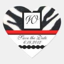 RED BLACK WHITE ZEBRA FUR MONOGRAM ,Save The Date Heart Sticker