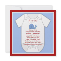 Red Blue Whale Onesie Baby Boy Shower Invitatio