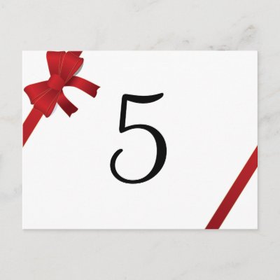Red Bow Winter Wedding Table Number Postcard by loraseverson