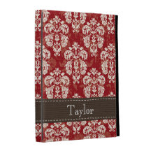 Red Brown Cream Damask iPad Folio Case Cover