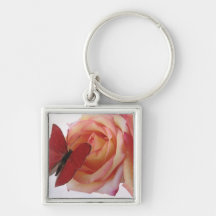 red butterfly on pink rose premium keychain