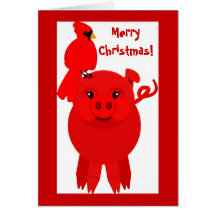 Red Christmas pig and cardinal, card