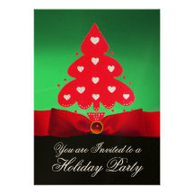 Red Christmas Tree ,Green Black Damask Party Invite