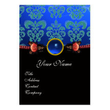 RED CORAL ROSES,AQUA BLUE BLACK DAMASK MONOGRAM BUSINESS CARD