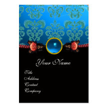 RED CORAL ROSES,AQUA BLUE BLACK DAMASK MONOGRAM BUSINESS CARD TEMPLATE