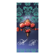 RED CORAL ROSES,AQUA BLUE BLACK DAMASK MONOGRAM ANNOUNCEMENT