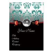 RED CORAL ROSES,GREEN BLACK WHITE DAMASK MONOGRAM BUSINESS CARD TEMPLATE