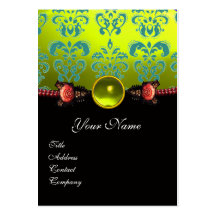 RED CORAL ROSES,GREEN YELLOW BLACK DAMASK MONOGRAM BUSINESS CARD TEMPLATES