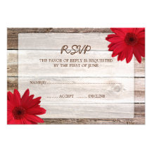 Red Daisy Barn Wood Wedding RSVP Response Card Personalised Announcement