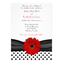 Red Daisy Black White Polka Dot Wedding Invitation